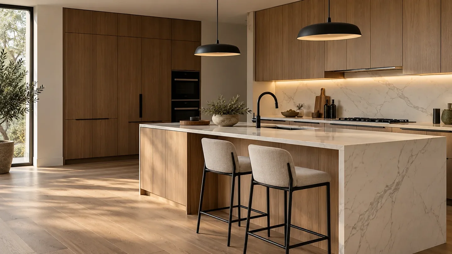 Cocina integral con muebles de madera y cubierta clara