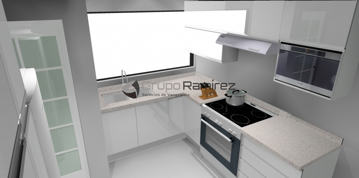 Render de cocina integral con cubierta de granito