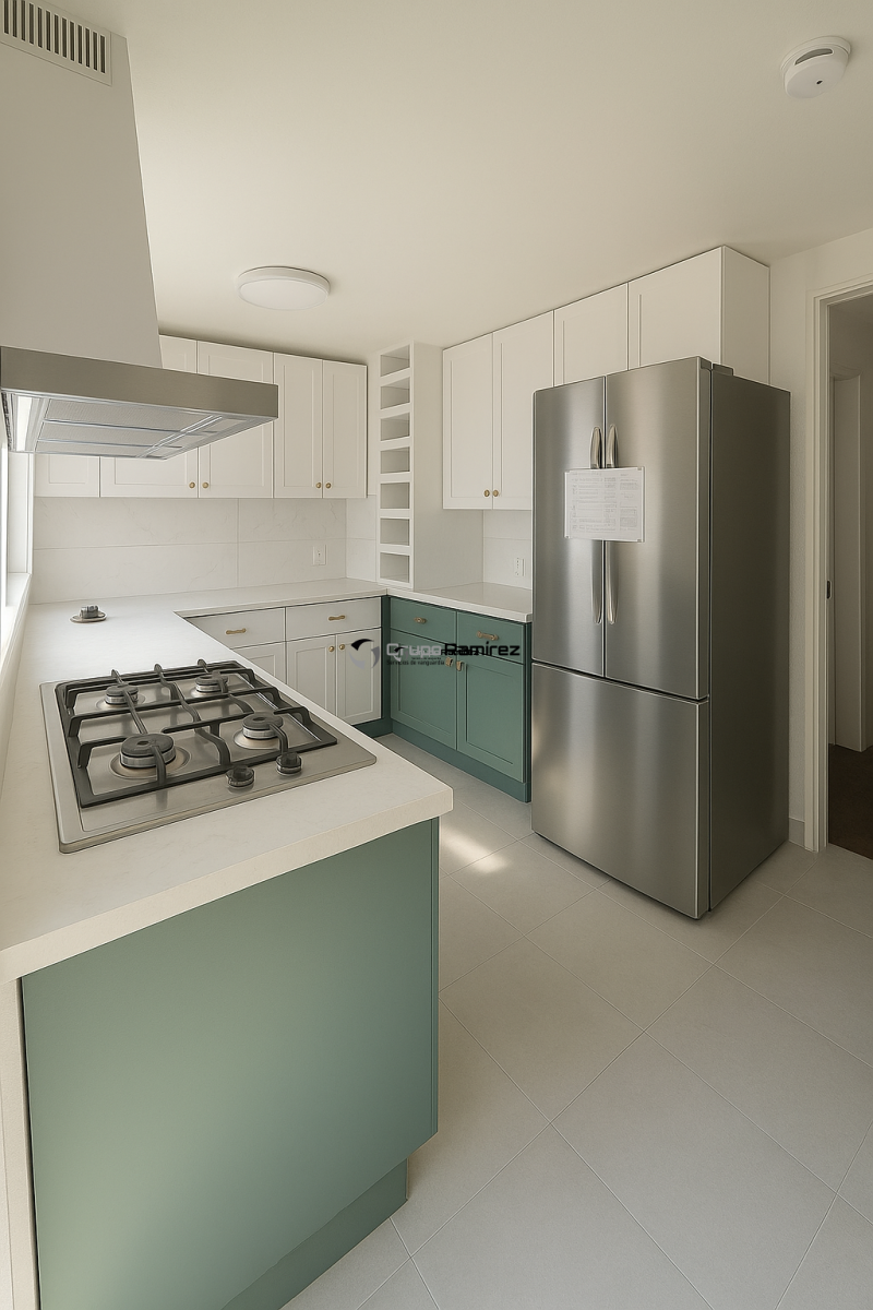 Cocina integral estilo nórdico, colores verde